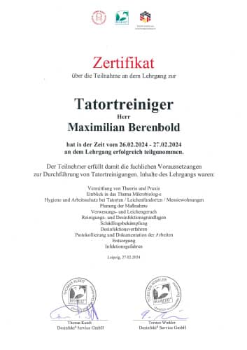 Tatortreiniger Zertifikat Maximilian Berenbold