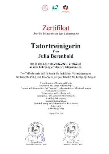 Tatortreiniger Zertifikat Julia Berenbold