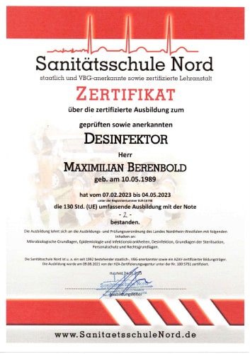 Desinfektor Zertifikat Maximilian Berenbold